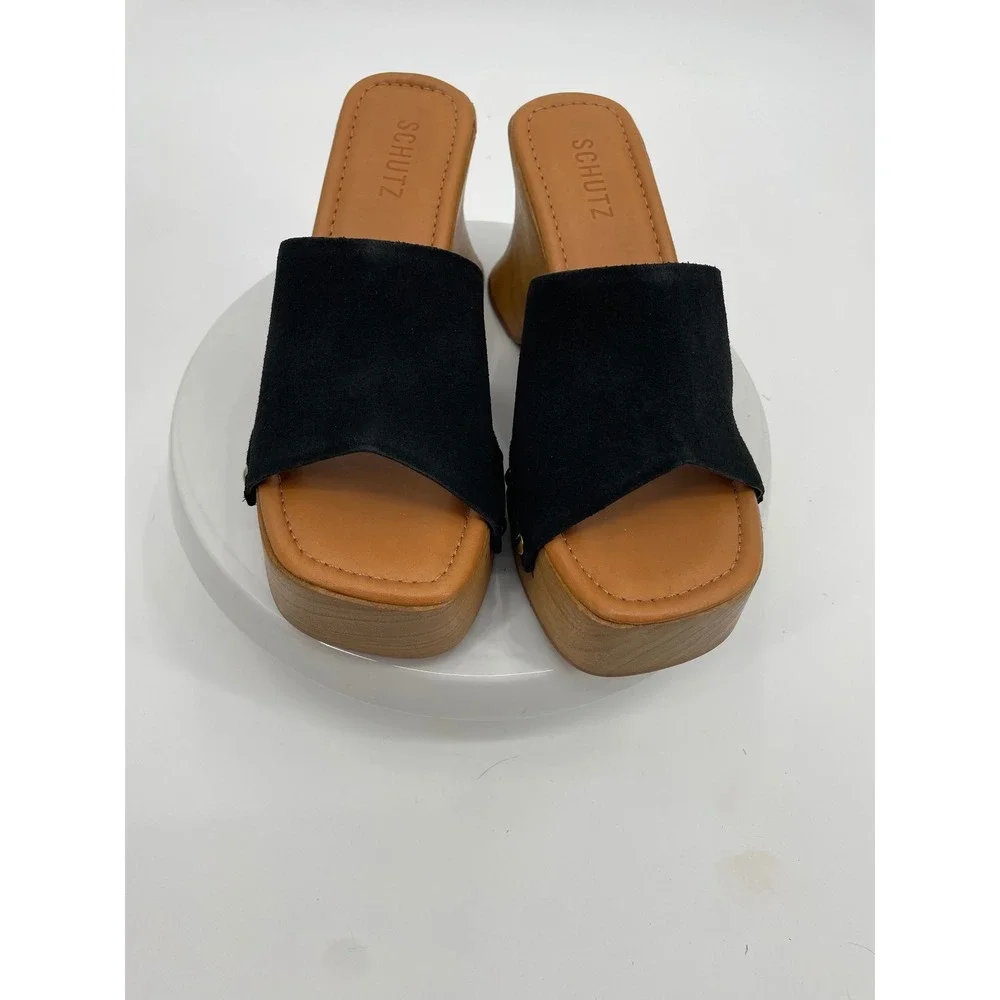 Schutz Lanneh Wedge Sandals Womens 9B Black Suede Wood Platform Slide Mules Boho